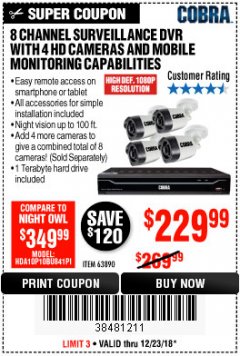 Harbor Freight Coupon 8 CHANNEL SURVEILLANCE DVR WITH 4 HD CAMERAS AND MOBILE MONITORING CAPABILITIES Lot No. 63890 Expired: 12/23/18 - $229.99