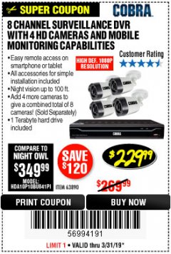 Harbor Freight Coupon 8 CHANNEL SURVEILLANCE DVR WITH 4 HD CAMERAS AND MOBILE MONITORING CAPABILITIES Lot No. 63890 Expired: 3/31/19 - $229.99