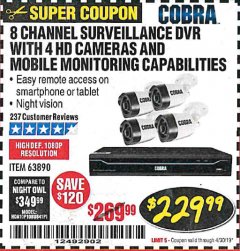 Harbor Freight Coupon 8 CHANNEL SURVEILLANCE DVR WITH 4 HD CAMERAS AND MOBILE MONITORING CAPABILITIES Lot No. 63890 Expired: 4/30/19 - $229.99