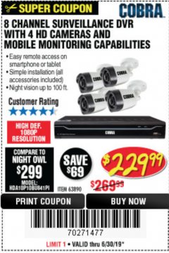 Harbor Freight Coupon 8 CHANNEL SURVEILLANCE DVR WITH 4 HD CAMERAS AND MOBILE MONITORING CAPABILITIES Lot No. 63890 Expired: 6/30/19 - $229.99