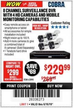 Harbor Freight Coupon 8 CHANNEL SURVEILLANCE DVR WITH 4 HD CAMERAS AND MOBILE MONITORING CAPABILITIES Lot No. 63890 Expired: 6/16/19 - $229.99