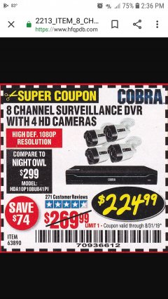 Harbor Freight Coupon 8 CHANNEL SURVEILLANCE DVR WITH 4 HD CAMERAS AND MOBILE MONITORING CAPABILITIES Lot No. 63890 Expired: 8/31/19 - $224.99