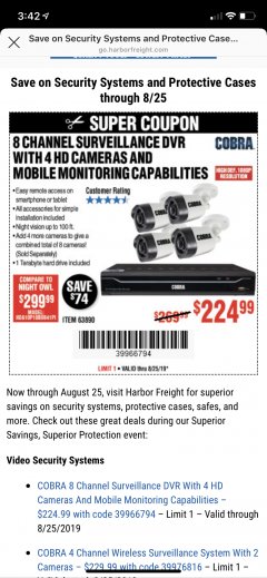 Harbor Freight Coupon 8 CHANNEL SURVEILLANCE DVR WITH 4 HD CAMERAS AND MOBILE MONITORING CAPABILITIES Lot No. 63890 Expired: 8/25/19 - $224.99