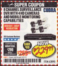 Harbor Freight Coupon 8 CHANNEL SURVEILLANCE DVR WITH 4 HD CAMERAS AND MOBILE MONITORING CAPABILITIES Lot No. 63890 Expired: 10/31/19 - $229.99