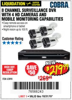 Harbor Freight Coupon 8 CHANNEL SURVEILLANCE DVR WITH 4 HD CAMERAS AND MOBILE MONITORING CAPABILITIES Lot No. 63890 Expired: 10/31/19 - $219.99