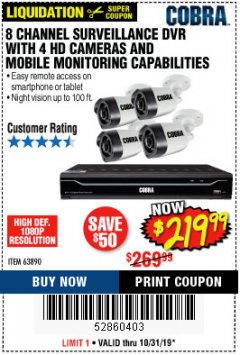 Harbor Freight Coupon 8 CHANNEL SURVEILLANCE DVR WITH 4 HD CAMERAS AND MOBILE MONITORING CAPABILITIES Lot No. 63890 Expired: 10/31/19 - $219.99