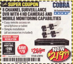 Harbor Freight Coupon 8 CHANNEL SURVEILLANCE DVR WITH 4 HD CAMERAS AND MOBILE MONITORING CAPABILITIES Lot No. 63890 Expired: 11/30/19 - $219.99