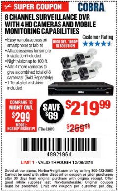 Harbor Freight Coupon 8 CHANNEL SURVEILLANCE DVR WITH 4 HD CAMERAS AND MOBILE MONITORING CAPABILITIES Lot No. 63890 Expired: 12/6/19 - $219.99