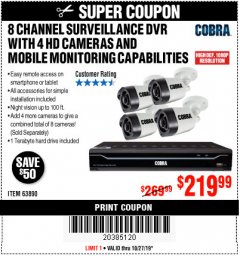 Harbor Freight Coupon 8 CHANNEL SURVEILLANCE DVR WITH 4 HD CAMERAS AND MOBILE MONITORING CAPABILITIES Lot No. 63890 Expired: 10/27/19 - $219.99