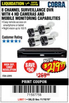 Harbor Freight Coupon 8 CHANNEL SURVEILLANCE DVR WITH 4 HD CAMERAS AND MOBILE MONITORING CAPABILITIES Lot No. 63890 Expired: 11/10/19 - $219.99