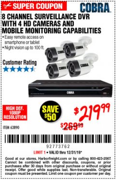 Harbor Freight Coupon 8 CHANNEL SURVEILLANCE DVR WITH 4 HD CAMERAS AND MOBILE MONITORING CAPABILITIES Lot No. 63890 Expired: 12/31/19 - $219.99