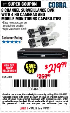 Harbor Freight Coupon 8 CHANNEL SURVEILLANCE DVR WITH 4 HD CAMERAS AND MOBILE MONITORING CAPABILITIES Lot No. 63890 Expired: 1/8/20 - $219.99