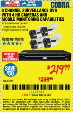 Harbor Freight Coupon 8 CHANNEL SURVEILLANCE DVR WITH 4 HD CAMERAS AND MOBILE MONITORING CAPABILITIES Lot No. 63890 Expired: 1/31/20 - $219.99