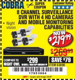 Harbor Freight Coupon 8 CHANNEL SURVEILLANCE DVR WITH 4 HD CAMERAS AND MOBILE MONITORING CAPABILITIES Lot No. 63890 Expired: 2/4/20 - $219.99