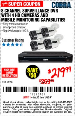 Harbor Freight Coupon 8 CHANNEL SURVEILLANCE DVR WITH 4 HD CAMERAS AND MOBILE MONITORING CAPABILITIES Lot No. 63890 Expired: 1/6/20 - $219.99