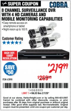 Harbor Freight Coupon 8 CHANNEL SURVEILLANCE DVR WITH 4 HD CAMERAS AND MOBILE MONITORING CAPABILITIES Lot No. 63890 Expired: 2/7/20 - $219.99