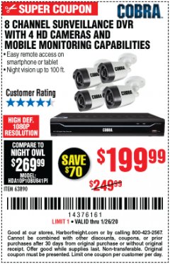 Harbor Freight Coupon 8 CHANNEL SURVEILLANCE DVR WITH 4 HD CAMERAS AND MOBILE MONITORING CAPABILITIES Lot No. 63890 Expired: 1/26/20 - $199.99