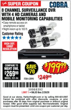 Harbor Freight Coupon 8 CHANNEL SURVEILLANCE DVR WITH 4 HD CAMERAS AND MOBILE MONITORING CAPABILITIES Lot No. 63890 Expired: 2/29/20 - $199.99
