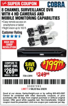 Harbor Freight Coupon 8 CHANNEL SURVEILLANCE DVR WITH 4 HD CAMERAS AND MOBILE MONITORING CAPABILITIES Lot No. 63890 Expired: 2/8/20 - $199.99