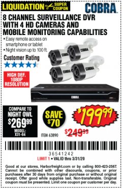 Harbor Freight Coupon 8 CHANNEL SURVEILLANCE DVR WITH 4 HD CAMERAS AND MOBILE MONITORING CAPABILITIES Lot No. 63890 Expired: 3/31/20 - $199.99