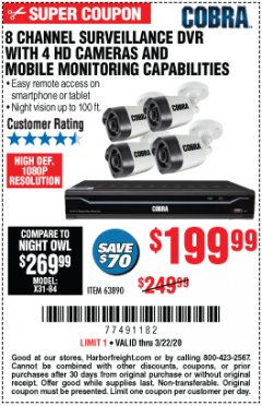 Harbor Freight Coupon 8 CHANNEL SURVEILLANCE DVR WITH 4 HD CAMERAS AND MOBILE MONITORING CAPABILITIES Lot No. 63890 Expired: 3/22/20 - $199.99