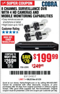 Harbor Freight Coupon 8 CHANNEL SURVEILLANCE DVR WITH 4 HD CAMERAS AND MOBILE MONITORING CAPABILITIES Lot No. 63890 Expired: 6/30/20 - $199.99
