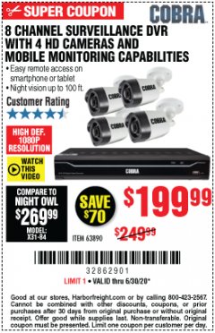 Harbor Freight Coupon 8 CHANNEL SURVEILLANCE DVR WITH 4 HD CAMERAS AND MOBILE MONITORING CAPABILITIES Lot No. 63890 Expired: 6/30/20 - $199.99