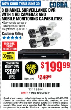 Harbor Freight Coupon 8 CHANNEL SURVEILLANCE DVR WITH 4 HD CAMERAS AND MOBILE MONITORING CAPABILITIES Lot No. 63890 Expired: 6/30/20 - $199.99