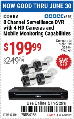 Harbor Freight Coupon 8 CHANNEL SURVEILLANCE DVR WITH 4 HD CAMERAS AND MOBILE MONITORING CAPABILITIES Lot No. 63890 Expired: 6/30/20 - $199.99