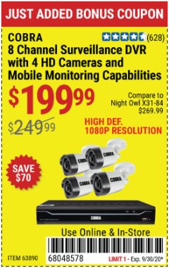 Harbor Freight Coupon 8 CHANNEL SURVEILLANCE DVR WITH 4 HD CAMERAS AND MOBILE MONITORING CAPABILITIES Lot No. 63890 Expired: 9/30/20 - $199.99