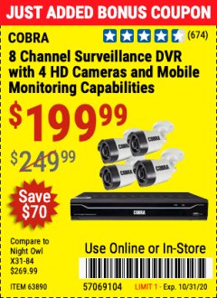 Harbor Freight Coupon 8 CHANNEL SURVEILLANCE DVR WITH 4 HD CAMERAS AND MOBILE MONITORING CAPABILITIES Lot No. 63890 Expired: 10/31/20 - $199.99