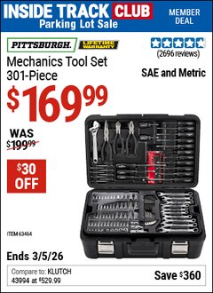 Harbor Freight ITC Coupon PITTSBURGH MECHANICS TOOL SET, 301-PIECE Lot No. 63464 Expired: 3/5/26 - $169.99
