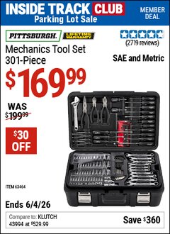 Harbor Freight ITC Coupon PITTSBURGH MECHANICS TOOL SET, 301-PIECE Lot No. 63464 Expired: 6/4/26 - $169.99