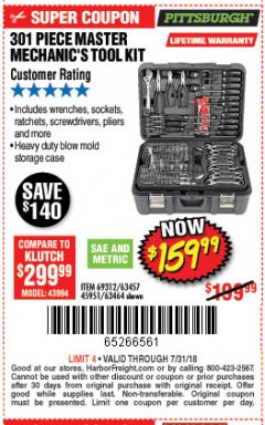 Harbor Freight Coupon 301 PIECE MASTER MECHANIC'S TOOL KIT Lot No. 63464/63457/45951 Expired: 7/31/18 - $159.99