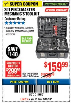 Harbor Freight Coupon 301 PIECE MASTER MECHANIC'S TOOL KIT Lot No. 63464/63457/45951 Expired: 8/19/18 - $159.99