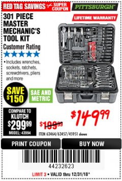 Harbor Freight Coupon 301 PIECE MASTER MECHANIC'S TOOL KIT Lot No. 63464/63457/45951 Expired: 12/31/18 - $149.99