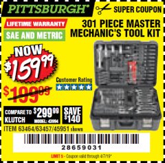 Harbor Freight Coupon 301 PIECE MASTER MECHANIC'S TOOL KIT Lot No. 63464/63457/45951 Expired: 4/7/19 - $159.99