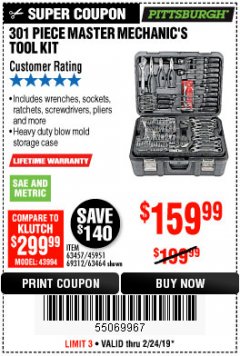 Harbor Freight Coupon 301 PIECE MASTER MECHANIC'S TOOL KIT Lot No. 63464/63457/45951 Expired: 2/24/19 - $159.99