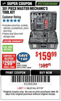 Harbor Freight Coupon PITTSBURGH MECHANICS TOOL SET, 301-PIECE Lot No. 63464 Expired: 3/17/19 - $159.99