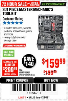 Harbor Freight Coupon 301 PIECE MASTER MECHANIC'S TOOL KIT Lot No. 63464/63457/45951 Expired: 4/28/19 - $159.99