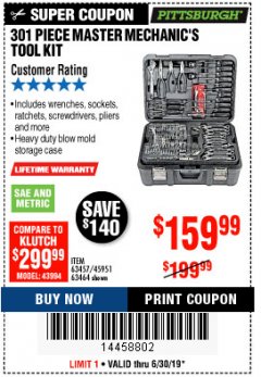 Harbor Freight Coupon 301 PIECE MASTER MECHANIC'S TOOL KIT Lot No. 63464/63457/45951 Expired: 6/30/19 - $159.99