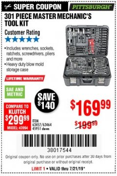 Harbor Freight Coupon 301 PIECE MASTER MECHANIC'S TOOL KIT Lot No. 63464/63457/45951 Expired: 7/21/19 - $169.99