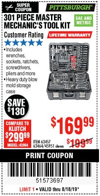 Harbor Freight Coupon 301 PIECE MASTER MECHANIC'S TOOL KIT Lot No. 63464/63457/45951 Expired: 8/18/19 - $169.99