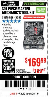 Harbor Freight Coupon 301 PIECE MASTER MECHANIC'S TOOL KIT Lot No. 63464/63457/45951 Expired: 9/29/19 - $169.99