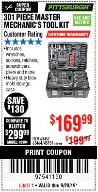 Harbor Freight Coupon PITTSBURGH MECHANICS TOOL SET, 301-PIECE Lot No. 63464 Expired: 9/29/19 - $169.99