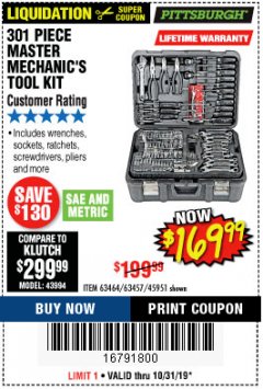 Harbor Freight Coupon 301 PIECE MASTER MECHANIC'S TOOL KIT Lot No. 63464/63457/45951 Expired: 10/31/19 - $169.99