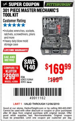 Harbor Freight Coupon 301 PIECE MASTER MECHANIC'S TOOL KIT Lot No. 63464/63457/45951 Expired: 12/6/19 - $169.99