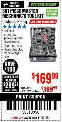 Harbor Freight Coupon 301 PIECE MASTER MECHANIC'S TOOL KIT Lot No. 63464/63457/45951 Expired: 11/17/19 - $169.99