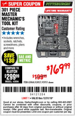 Harbor Freight Coupon 301 PIECE MASTER MECHANIC'S TOOL KIT Lot No. 63464/63457/45951 Expired: 12/31/19 - $169.99