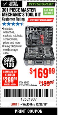 Harbor Freight Coupon 301 PIECE MASTER MECHANIC'S TOOL KIT Lot No. 63464/63457/45951 Expired: 12/22/19 - $169.99